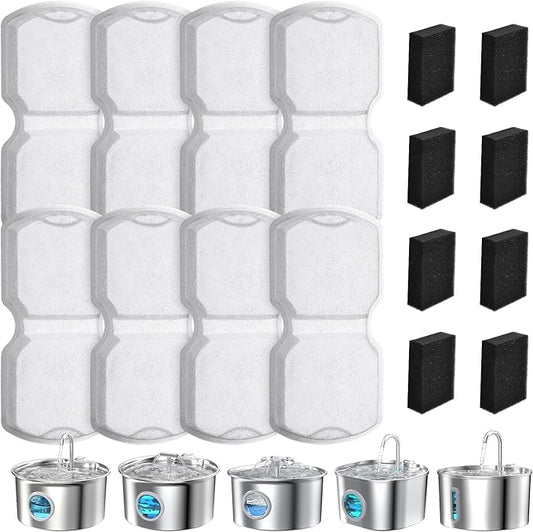 Cat Fountain Filter, 16 Pcs Cat Fountain Filters Replacement & Pre-Filter Sponges for Pet Water Fountain Stainless Steel with Water Level Window