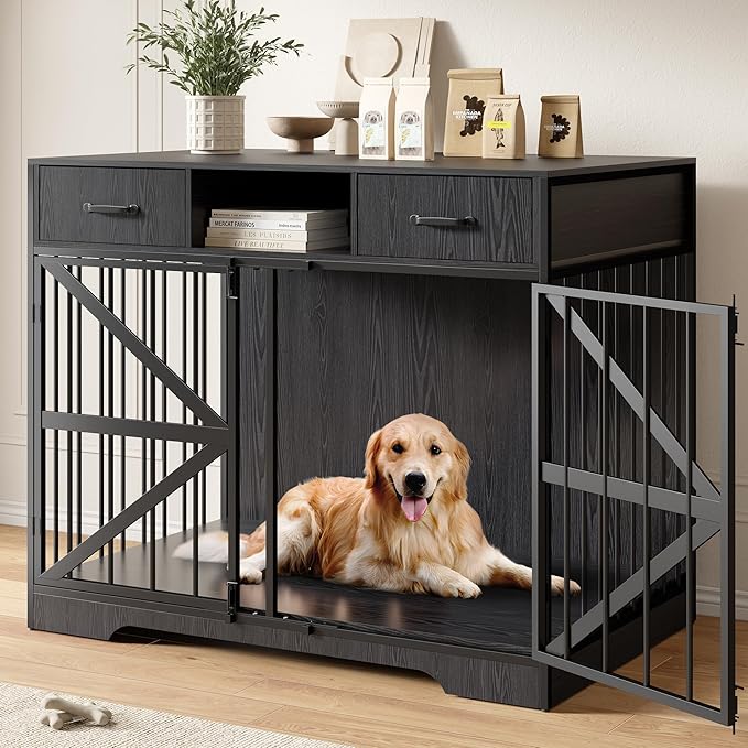 44" Large Dog Crate Furniture Set of 2, Wooden Heavy Duty Dog Kennel TV Stand with Storage Drawers, Decorative Indoor Pet Crate for Medium & Large Dogs, Black
