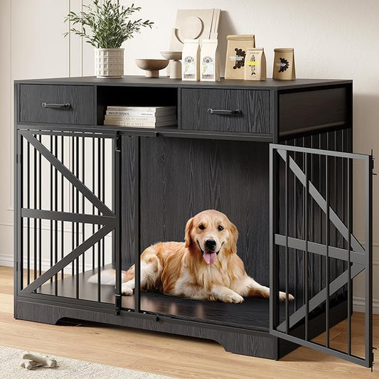 44" Large Dog Crate Furniture Set of 2, Wooden Heavy Duty Dog Kennel TV Stand with Storage Drawers, Decorative Indoor Pet Crate for Medium & Large Dogs, Black