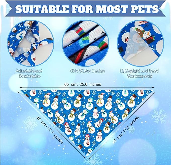 Preboun 100 Pcs Winter Dog Bandanas Bulk Blue Snowflakes Snowmen Bandanas for Dogs Triangle Kerchief Bibs Scarf for Pet Costume Photo Props Accessories Grooming Services Pet Shops Groomers, 25 Styles