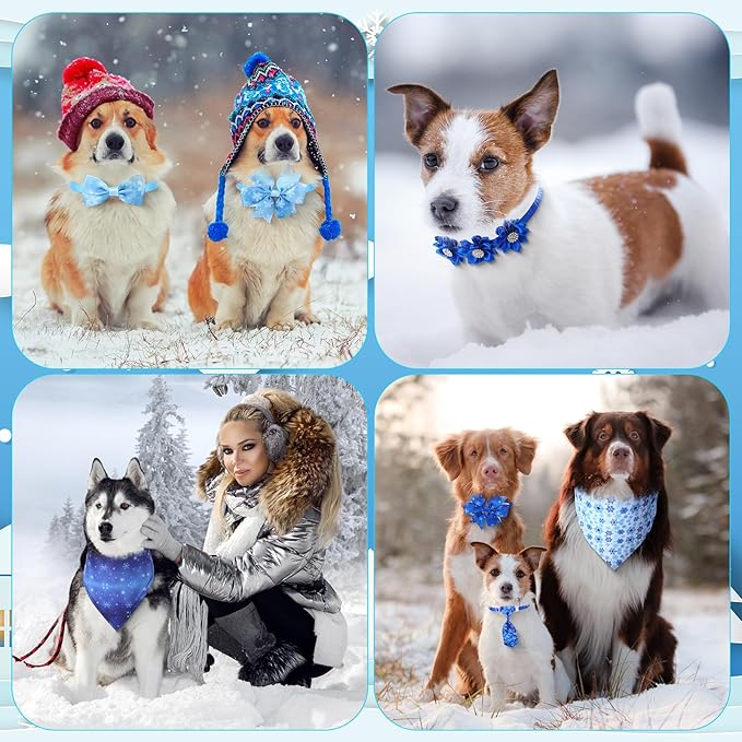 Reginary 40 Pcs Winter Dog Bandanas Bulk Blue Snowflake Cat Bow Ties Collars Adjustable Winter Wonderland Dog Collar with Bow Kerchief Bibs Set for Small Medium Pet Costume Grooming Accessories