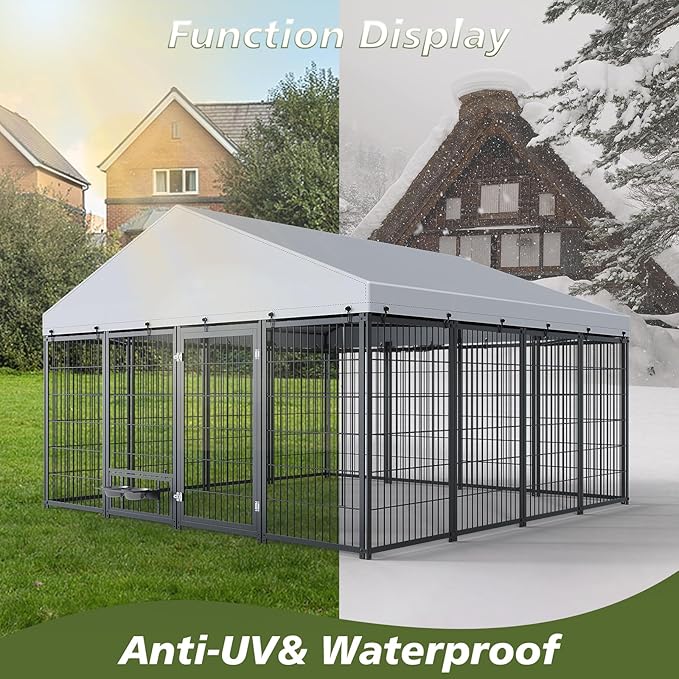 Dog Crate Dog Kennel Outdoor W/Roof,Large Dog Cage W/Adjustable Height Rotating Feeder & 2 Stainless Steel Bowls,Dog Pens Outside W/Double Door Lock,for Yard,Black(9.62x9.35x6.18 FT)