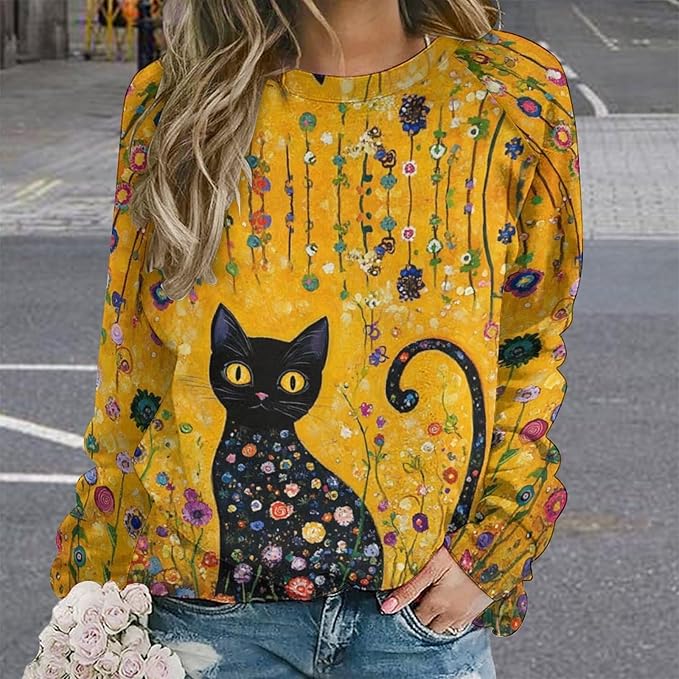 Womens novelty funny cat printed crewneck sweatshirt casual loose long sleeve graphic pullover sweatshirts tops