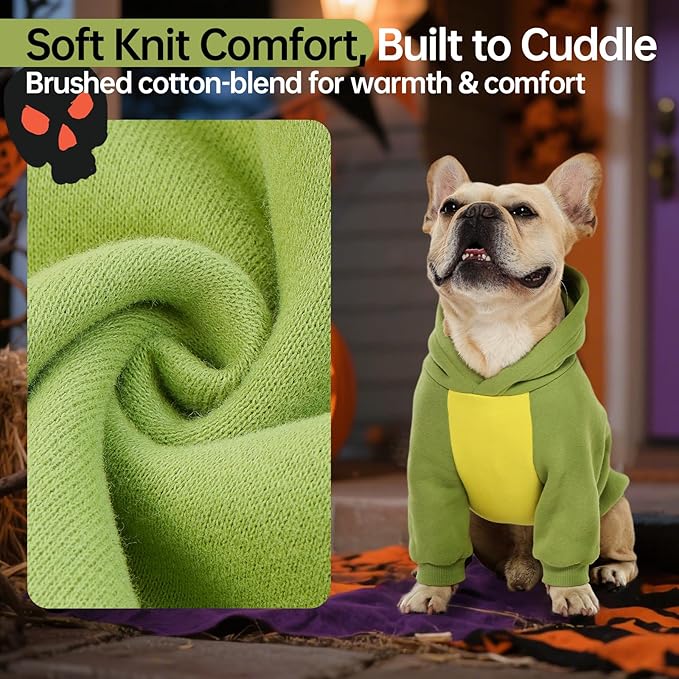 QBLEEV Dog Dinosaur Winter Coat, Warm Soft Knit Pullover Jacket with Hood for Cold Weather, Cozy Fleece-Lined Sweatshirt with 3D Dino Spikes, Stretchy Cute Pet Outerwear for Small Medium Large Dogs