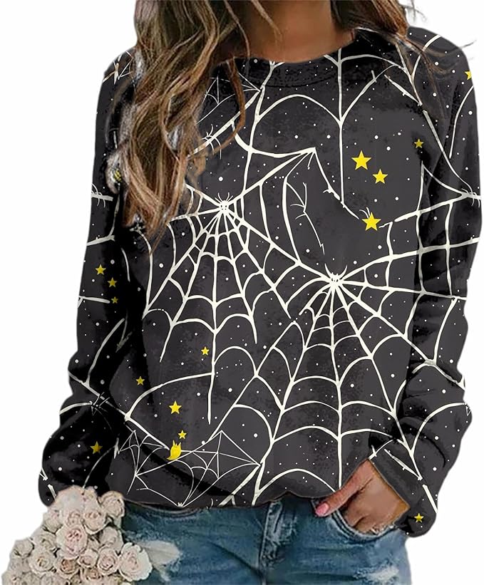 MARSVOVO Fall Sweatshirt for Women Novelty Spider Web Shirt Dressy Casual Crewneck Tunic Tops Spring Graphic Pullover