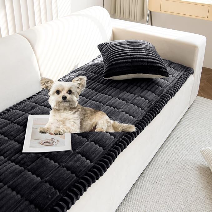 Faux Fur Plush Dog Couch Cover 3D Stripe Fuzzy Sofa Cover Non-Slip Fluffy Dog Bed Cover Pet Blanket Sofa Couch Furniture Protector for Puppy Large Dog Cat (Black,24"x82")