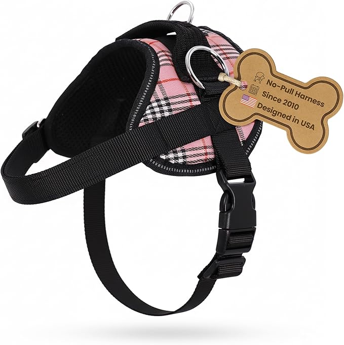 Bark Appeal Pink Plaid No-Pull Dog Harness for Large to Extra Large Sized Pets – Adjustable, Reflective Vest with 3 Leash Clips for Added Control, Easy Walks & Training – XL