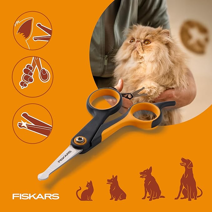 Fiskars Pet Detailing Scissors, Dog & Cat Grooming Scissors, Rounded Tips & SoftGrip Handle for Delicate Areas, 5.5”, Orange/Black