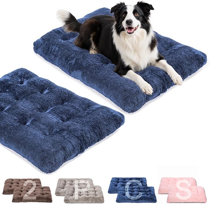 POMIU 2-Pack Washable Dog Bed, Deluxe Plush Crate Beds with Anti-Slip, Machine Washable Kennel Pad Sleeping Mat for Large, Medium and Small Dogs (2 Pack x Navy, 35.0" L x 23.0" W x 3.0" Th)