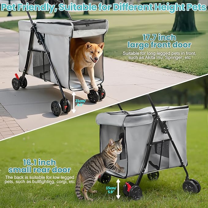 Dog Stroller with 360-Degree Wheels, Foldable Pet Cart for Small/Medium Dogs, 5 Ventilation Windows, Removable Tray, Outdoor Travel Pet Carrier
