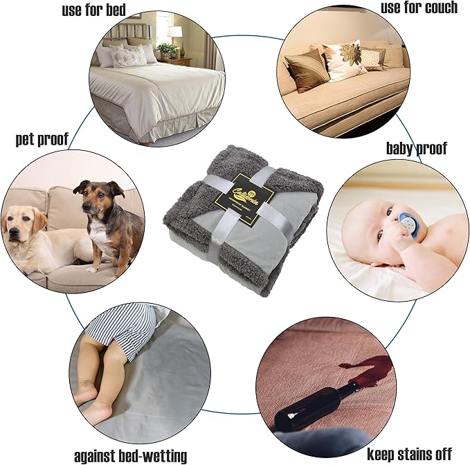 Catalonia Waterproof Bed Blanket, Washable Leakproof Bed Cover, Reversible Protector Blanket for Couch Sofa, Stain Proof Blanket Pad for Adults, 80X60 inches, Grey Plaid