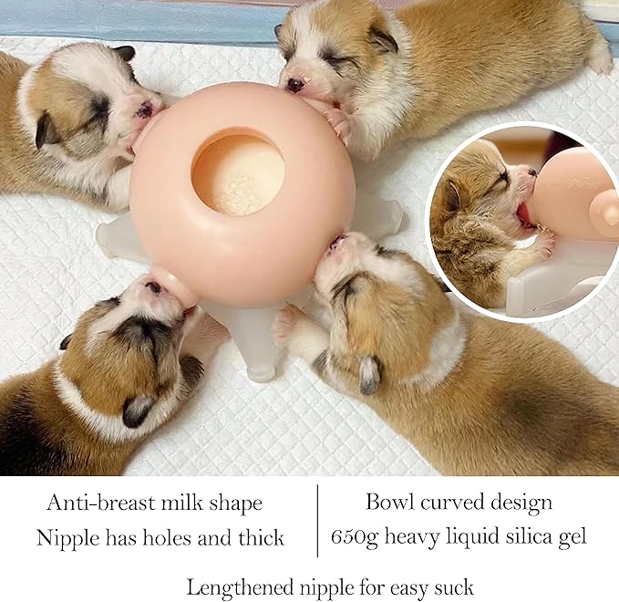 Doggiema puppy's feeders Nipple Feeder Puppy Feeding Milk replacer Nursing Station puppy's Bottles Dongdong pet (M Size Bowl Small Dog)