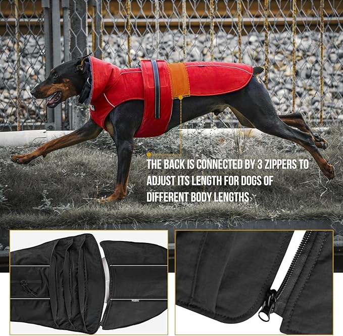 OneTigris Dog Coat Waterproof Dog Jacket with Adjustable Buckle Hook & Loop Windproof Cold Weather Coats for Small Medium Large Dogs (Red, Medium)