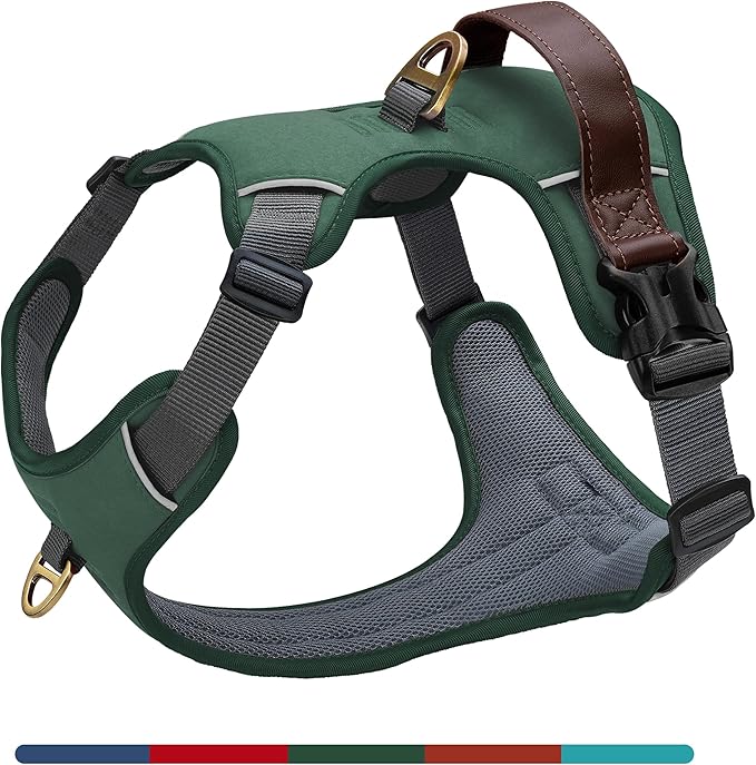 No Pull Dog Harness Medium Sized Dog,Stylish PU Leather Vest with Easy Control Handle,No Choke Front Clip with 2 Metal Leash Clips,Reflective & Adjustable for Walking,Green,Chest 27-33"
