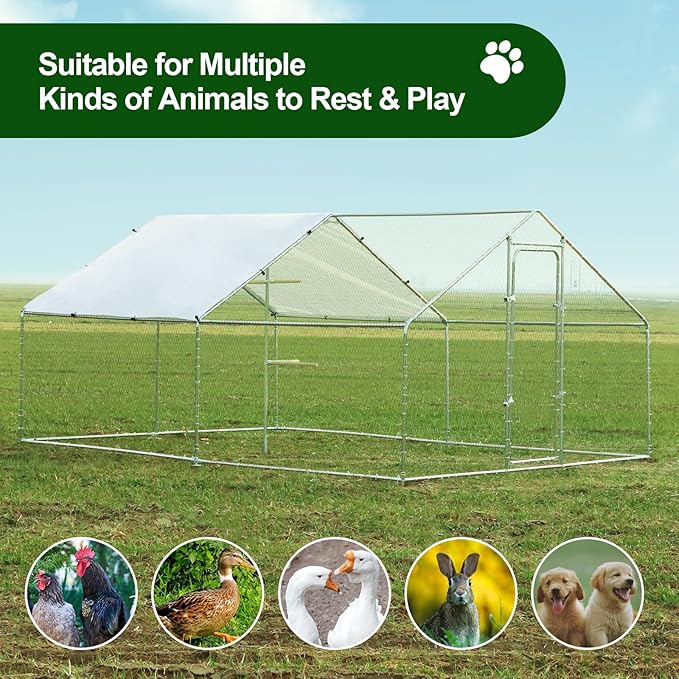 Chicken Coop Large Metal Chicken Run, Outdoor Walk-in Poultry Spire Roof Cage with Chicken Perch for Hen House, Duck Coop and Rabbit Run, Silver (9' L x 13.1' W x 6.56' H)