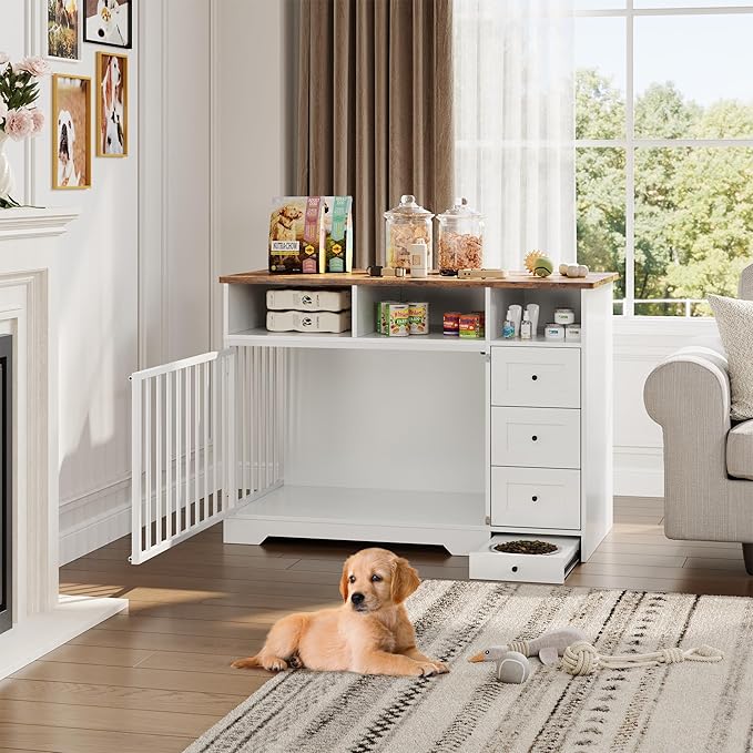 48'' Dog Crate Furniture, Farmhouse Heavy Duty Dog Kennel with Bowl & Storage Drawers, Medium Dog Cage End Table for Small Medium Dogs, White