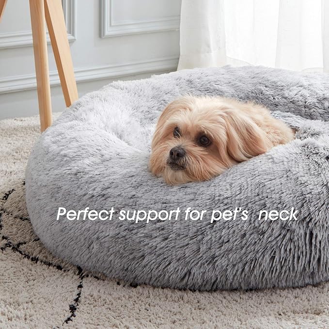 WESTERN HOME WH Calming Dog & Cat Donut Cuddler, Anti-Anxiety Warming Cozy Soft Round Bed, Fluffy Faux Fur Plush Cushion for Small Medium Dogs and Cats (20"/24"/27"/30")