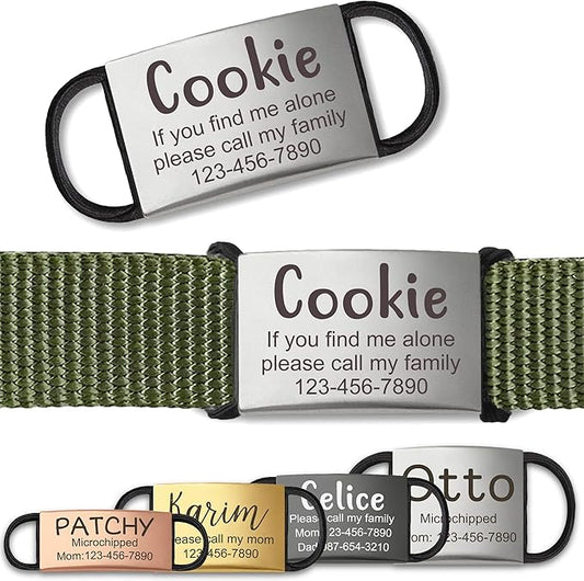 Anavia Slide On Silent Pet ID Tags, S/M/L/XL Personalized Stainless Steel Cat Dog Tag with Elastic Fabric Band, Engraved Nameplate Quiet Chew-Proof Pet Collar Tag (Silver, S/M)
