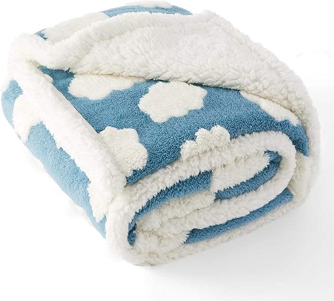 LE SURE Waterproof Dog Blanket for Large Dogs - Washable Double Sided Dog Blankets with Warm Jacquard Shag and Soft Sherpa Fleece, Pet Cat Blanket for King Bed Protection, 3D Textured Cloud, Blue