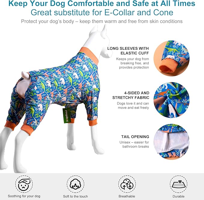LovinPet Large Breed Dog Clothes Pajamas, Wound Care/Post Surgery Full Coverage Shirt, Dinosaur Land Blue Print, Lightweight Stretchy Knit Pullover Dog Onesie, Pet Pajamas for Dogs, Pet PJ's, 2XL