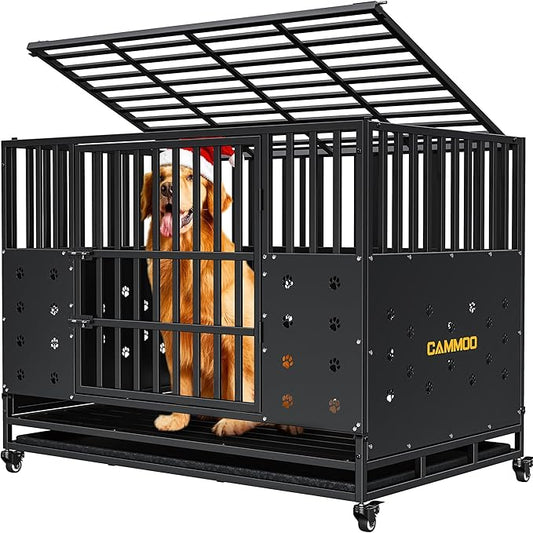 48'' Heavy Duty Dog Crate for Large Dogs, – Upgraded Chew-Proof Panels, Comfort-Widened Floor Panel, Dog Kennel Indoor, Adjustable Internal Height, Easy-Access Wide Door, 4 Lockable Wheels
