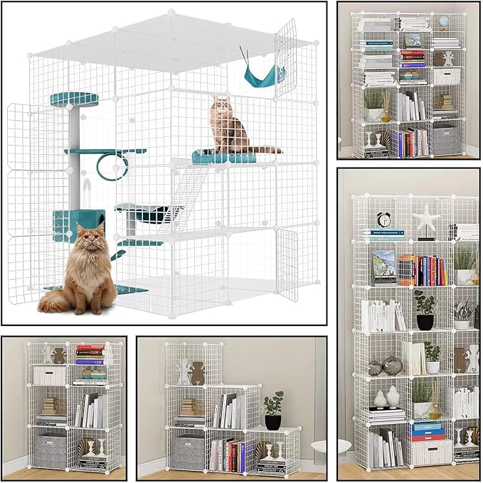 Large Cat Cage Enclosure Indoor DIY Cat Playpen Pet Home Small Animal House Detachable Metal Wire Kennels Crate Large Exercise Place Ideal for 1-4 Cat (White, 41.3" Lx41.3 Wx55 H, 1)