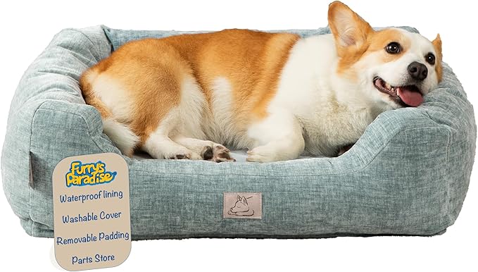 Furry's Paradise Cuddler Waterproof Bolster Pet Bed with Recycled Fibers and Non-Slip Bottom. (Shallow Seas, Medium)
