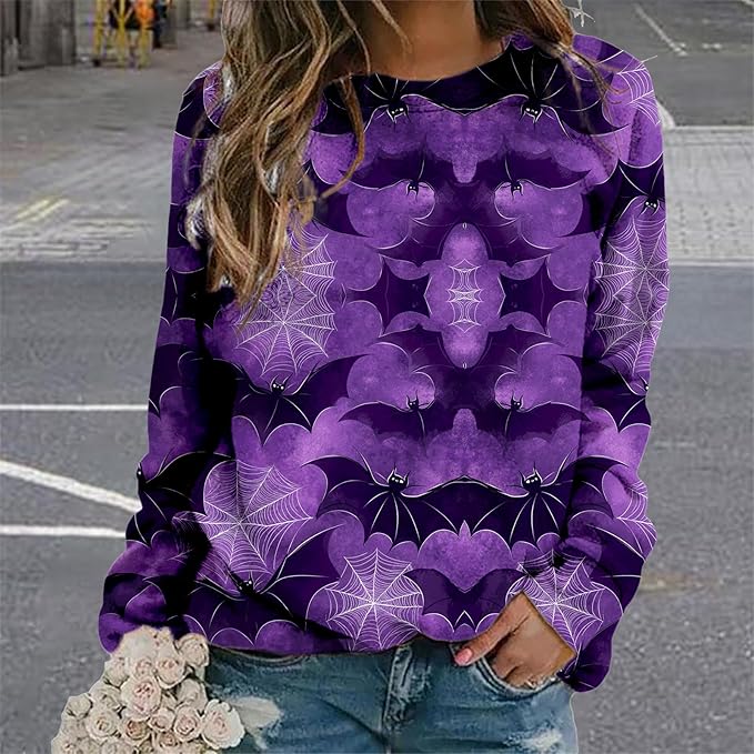 MARSVOVO Fall Sweatshirt for Women Novelty Spider Web Shirt Dressy Casual Crewneck Tunic Tops Spring Graphic Pullover