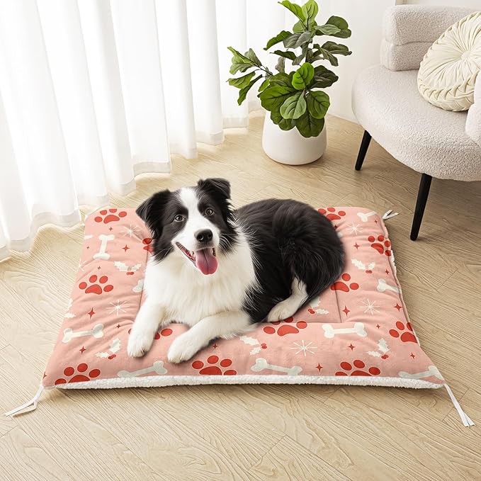 Dog Crate Bed Washable Crate Pad Pink Paws Bone Printed Soft Fluffy Pet Sleeping Mat for Large Medium Small Animals(Bone-3 S)