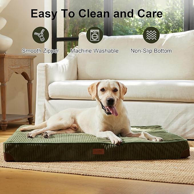 FUKUMARU Dog Bed, Plush Corduroy Orthopedic Dog Beds with Washable Cover, Large Waterproof Dogs Bed for Crate, Egg Crate Foam Support Pet Mat, Cozy Pet Bed Mat with Anti-Slip Bottom, Green