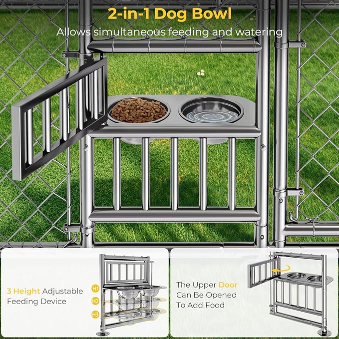 Lyromix 10 x 10FT Large Outdoor Dog Kennel with Bowls, Dog Kennel Outside with Waterproof Cover Roof, Galvanized Heavy Duty Chain Link Dog Runs Cage Playpen for Outside with Secure Lock