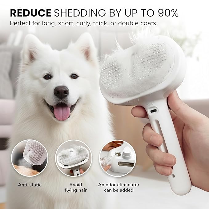 3-in-1 Anti-Static Pet Steam Brush for Dogs & Cats - Steam Clean, Calming Massage & Self-Cleaning Hair Ejection, Quick Heat-Up, USB-C Rechargeable, Low-Noise Deshedding & Dematting - White