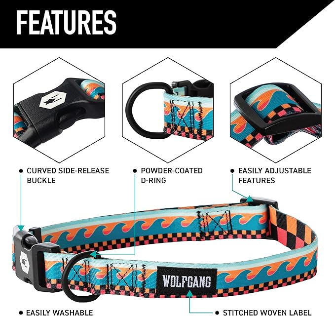 Wolfgang Heavy Duty Martingale Dog Collar with Quick Release Nylon Buckle for Walking & Training, BuenaOnda Print, Large