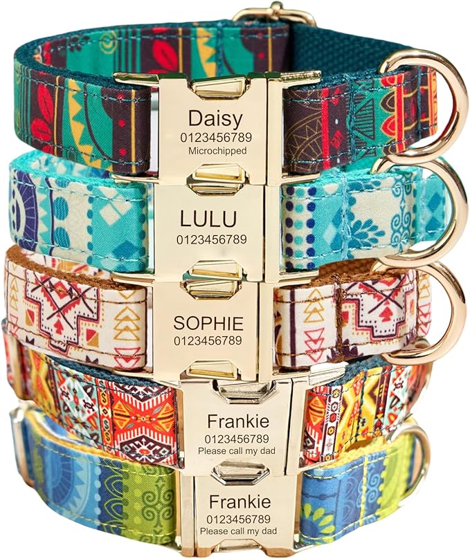 Custom Engraved Dog Collar with Name and Phone Number, Personalized for Small, Medium, and Large Dogs (Bohemian)