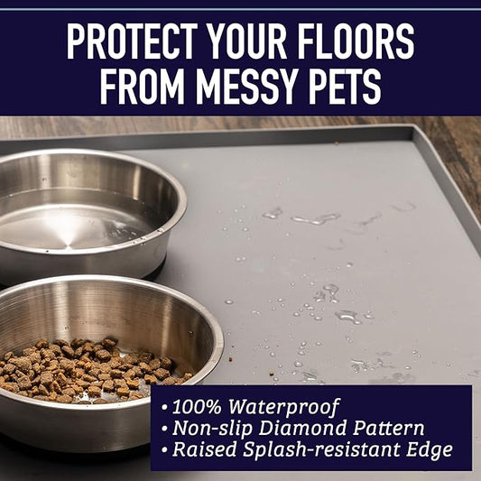 Leash Boss Dog Food Mat - Waterproof Cat & Dog Bowl Mat for Food and Water, Silicone Pet Feeding Mats for Floors, Non-Slip Placemat with High Edges, Puppy Essentials (ML: 20"x13", Black)