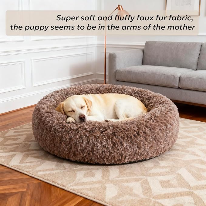 Calming Dog Bed for Medium Size Dogs, Anti-Anxiety Donut Medium Pet Bed Washable, Anti-Slip Round Fluffy Plush Faux Fur Puppy Bed, Fits up to 35 lbs Pets (Brown, 30")