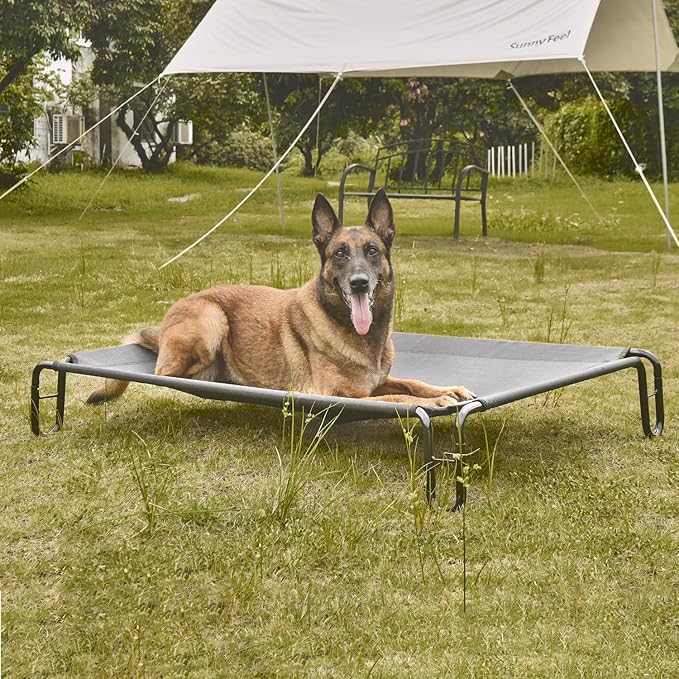 pettycare Elevated Outdoor Dog Bed - Raised Dog Cot for Large Dogs, Waterproof Pet Cot Bed Easy to Assemble, Cooling with Breathable Teslin Mesh, Durable, Non Slip, Up to 65 lbs,Grey