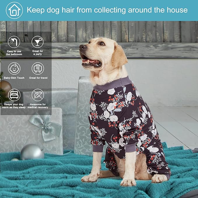 LovinPet Medium/Big Breeds Large Dog Pajamas, Anti Licking, Wound Care/Post Surgery Dogs Pajamas, Lightweight Stretchy Fabric, Beautiful Bouquets Black Print Large Dog Onesies, Pet PJ's /2XL