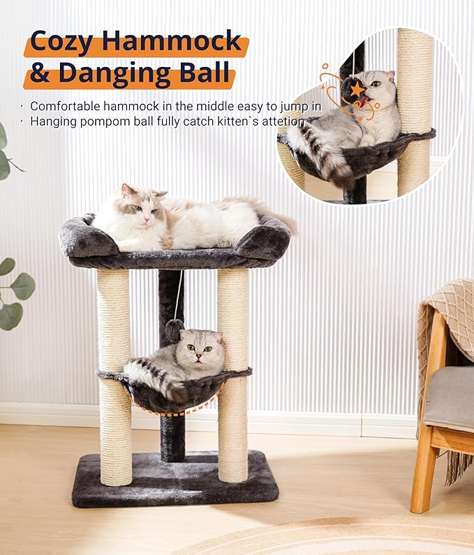 Happi N Pets 28" Cat Tree Tower for Indoor Cats, Tall Cat Scratching Post with Large Bed for Maine Coon Big Cats, Sisal Cat Scratcher with Soft Perch & Hammock, Stable Cat Stand, Removable Cover-Gray