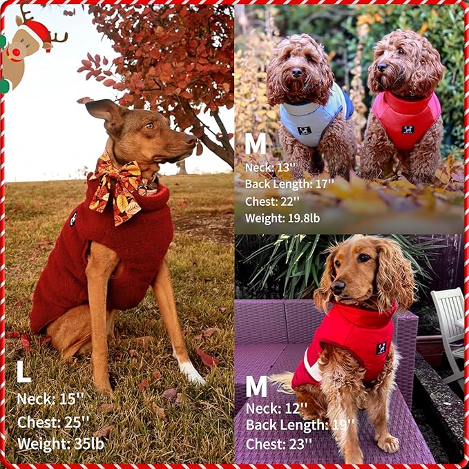 Reversible Dog Winter Coat, Waterproof Warm Fleece Sweater Windproof Lightweight Pet Snow Jacket for Medium Large Dogs with Double Ended Zipper, Cold Weather Dog Coat,Christmas Red, L