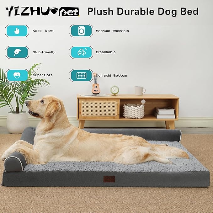 Orthopedic Dog Bed Waterproof Dog Beds for Large Dogs Deluxe Plush L-Shaped Dog Couch Beds with Egg Crate Foam Removable Washable Cover & Nonskid Bottom(Grey, XXL(50''x36''x7.5''))…