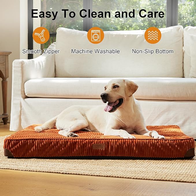 FUKUMARU Dog Bed, Plush Corduroy Orthopedic Dog Beds with Washable Cover, Large Waterproof Dogs Bed for Crate, Egg Crate Foam Support Pet Mat, Cozy Pet Bed Mat with Anti-Slip Bottom, Orange