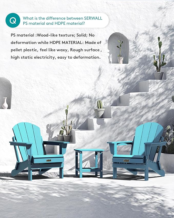 SERWALL Folding Adirondack Chair Weather Resistant Patio Chair Outdoor Chairs Painted Adirondack Chairs Set of 2 - Aruba Blue