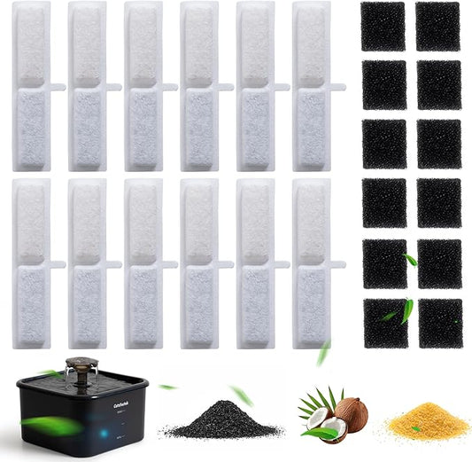 Cat Water Fountain Filters, Catsfoutek Fountains for Cats Indoor 12 Pack Replacement Filters & 12 Pack Replacement Pre-Filter Sponges Set for 74oz/2.2L Automatic Pet Dog Water Dispenser