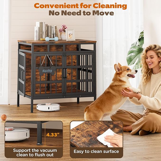29 Inch Dog Crate Furniture, Heavy Duty Dog Kennel for Small or Medium Dogs, Double Doors Indoor Decor Pet House Cage, Anti Escape Wooden Dog Cage with Name Tag End Table, TV Stand, Brown