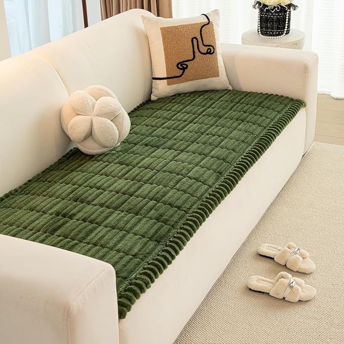 Christmas Faux Fur Plush Dog Couch Cover, 3D Stripe Fuzzy Sofa Covers, Non-Slip Fluffy Dog Bed Cover Pet Blanket, Washable Furniture Protector for Puppy Cat (Dark Green,28"x94")