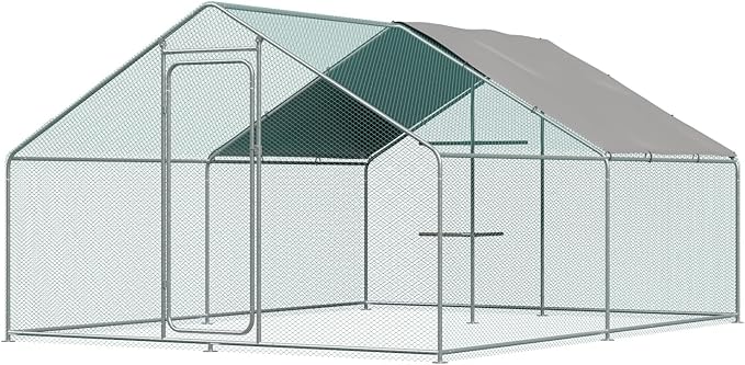 Chicken Coop Large Metal Chicken Run, Outdoor Walk-in Poultry Spire Roof Cage with Chicken Perch for Hen House, Duck Coop and Rabbit Run, Silver (9' L x 13.1' W x 6.56' H)