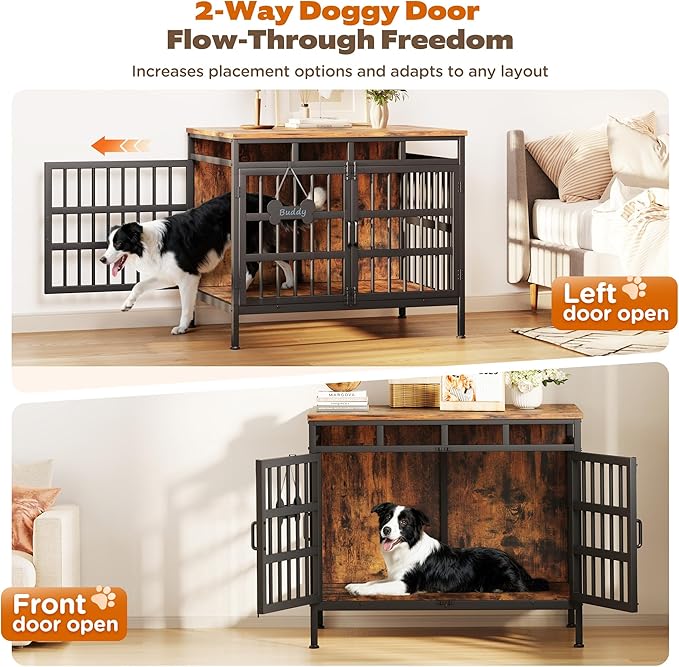 39 Inch Dog Crate Furniture, Heavy Duty Dog Kennel for Small Medium Large Dogs, Double Doors Indoor Decor Pet House Cage, Anti Escape Wooden Dog Cage with Name Tag End Table, TV Stand, Brown