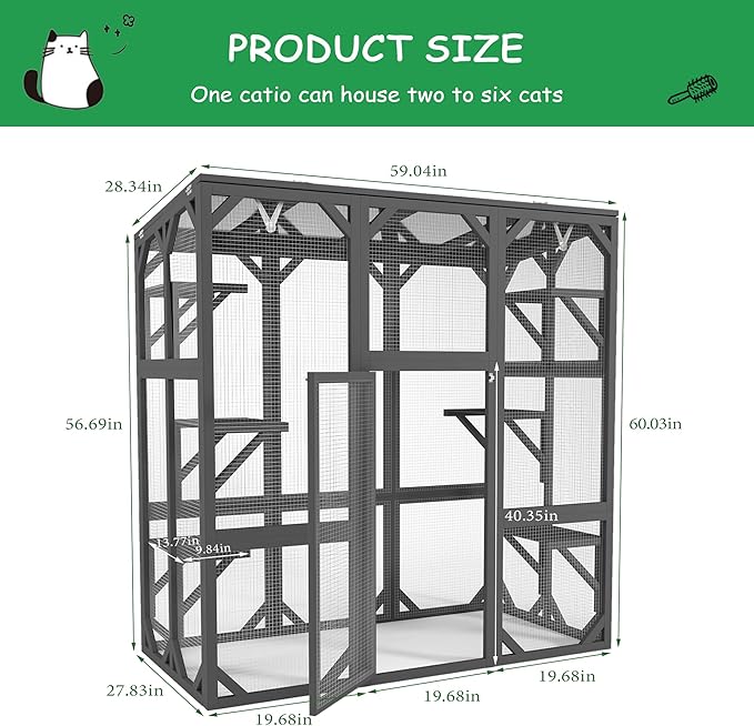 Ball & Cast 59" Wooden Catio Enclosure Outdoor Cat House with Anti-UV& Waterproof, Platforms and Resting Boxes Walk-in Cat Kennel Shelter for Indoor,Dark Grey