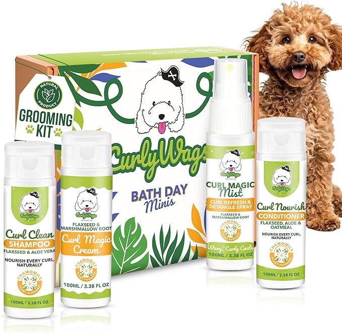 Curly Dog Grooming Kit – Travel-Size Shampoo, Conditioner, Curl Cream & Curl Refresh Detangler Spray, for Doodle, Poodle & Curly Coats, TSA-Friendly Gift Bundle (Chamomile)